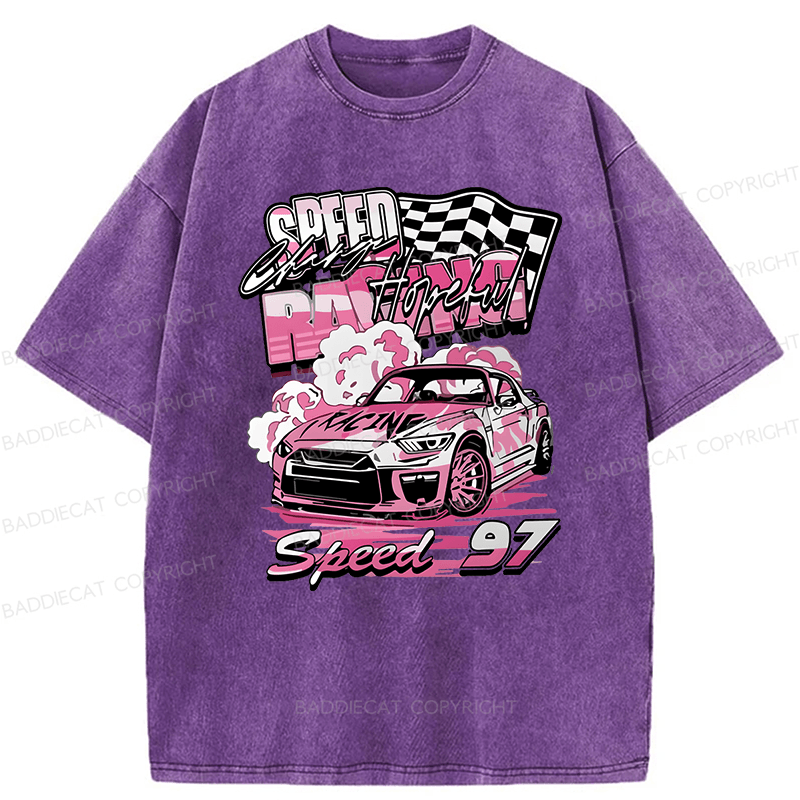 Baddiecat Pink Race Car Speed 97 Washed T-shirt
