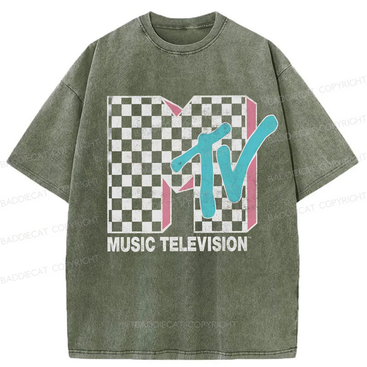 Baddiecat MTV Neon Distressed Checkered Washed T-shirt