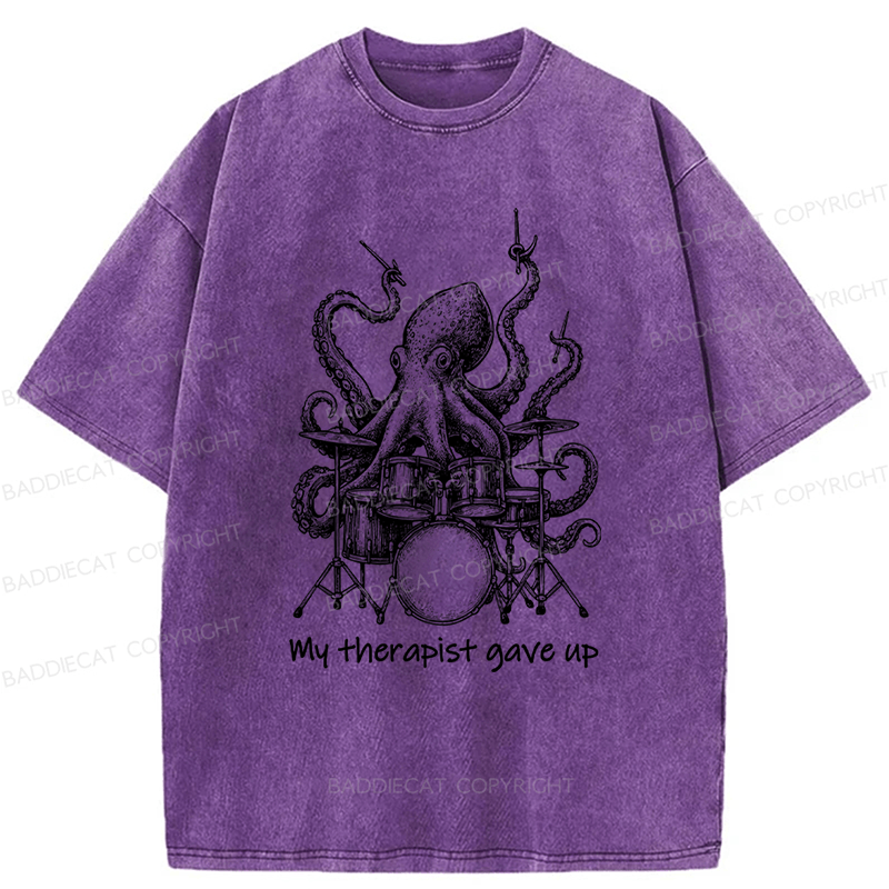 Baddiecat Octopus Playing Drums Washed T-shirt