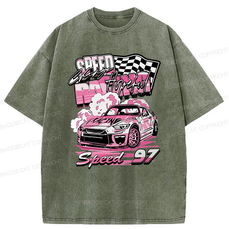 Baddiecat Pink Race Car Speed 97 Washed T-shirt