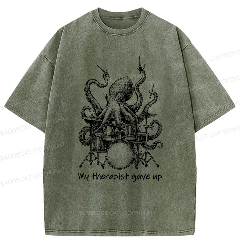 Baddiecat Octopus Playing Drums Washed T-shirt