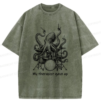 Baddiecat Octopus Playing Drums Washed T-shirt