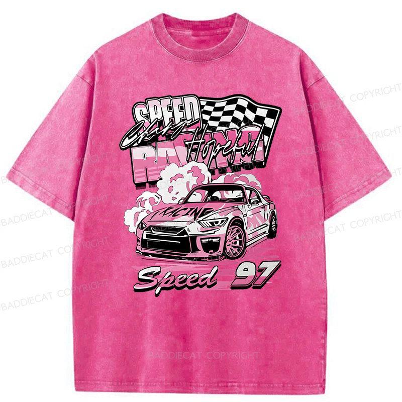 Baddiecat Pink Race Car Speed 97 Washed T-shirt