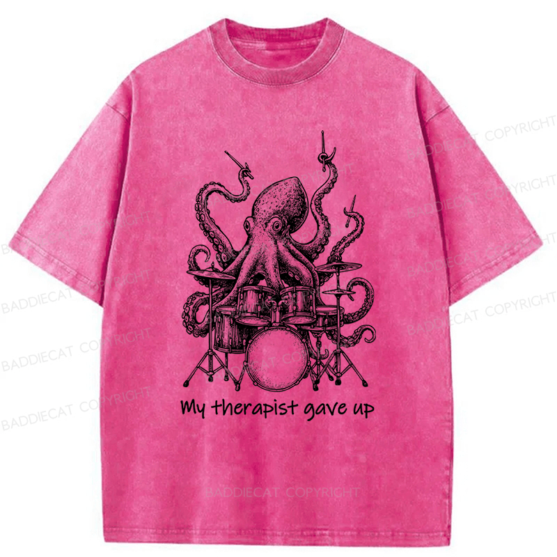 Baddiecat Octopus Playing Drums Washed T-shirt