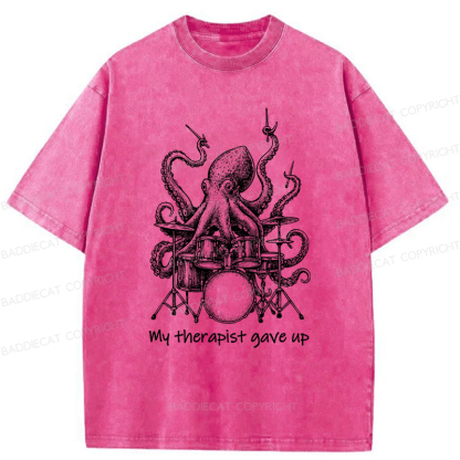 Baddiecat Octopus Playing Drums Washed T-shirt