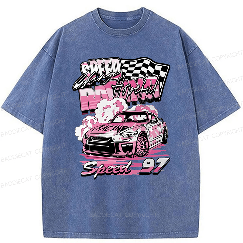Baddiecat Pink Race Car Speed 97 Washed T-shirt
