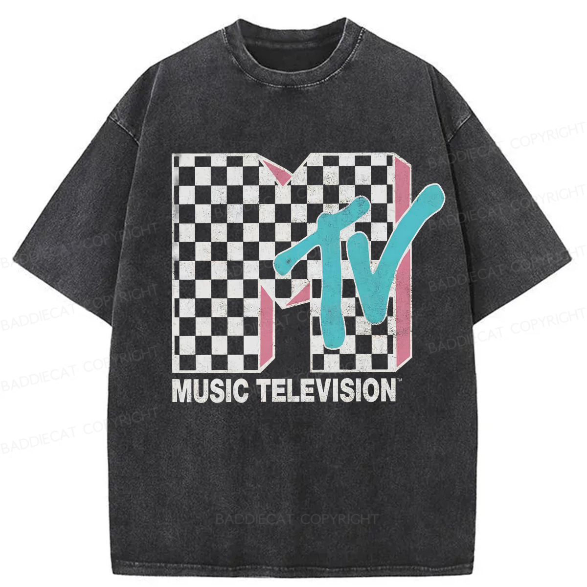 Baddiecat MTV Neon Distressed Checkered Washed T-shirt