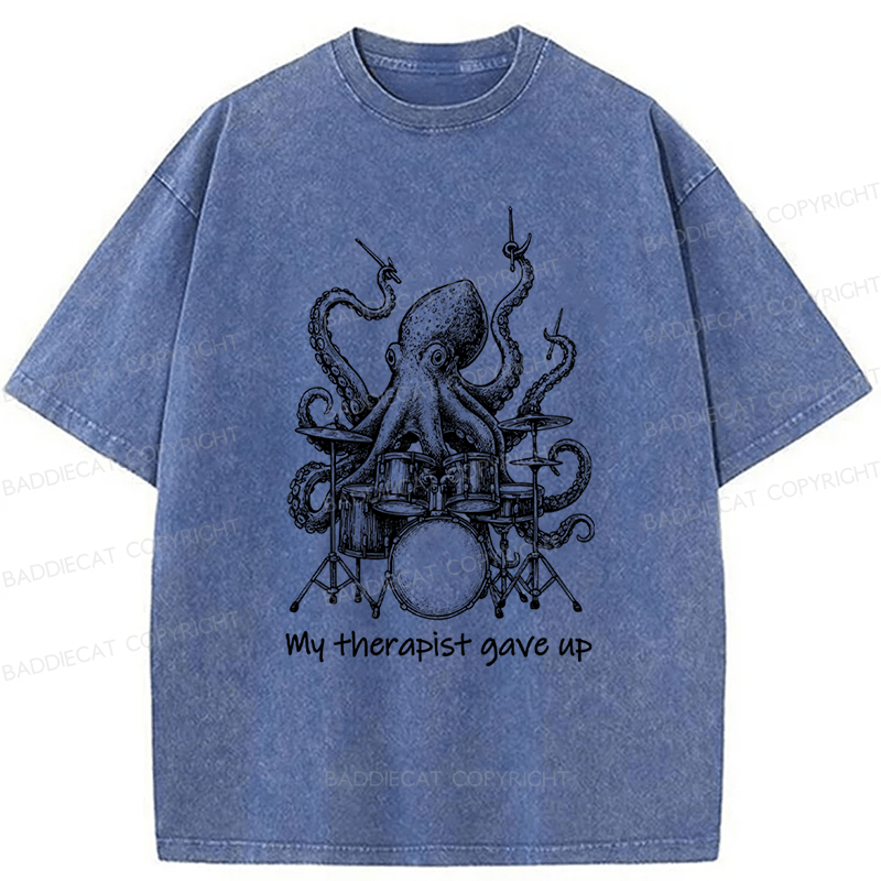Baddiecat Octopus Playing Drums Washed T-shirt