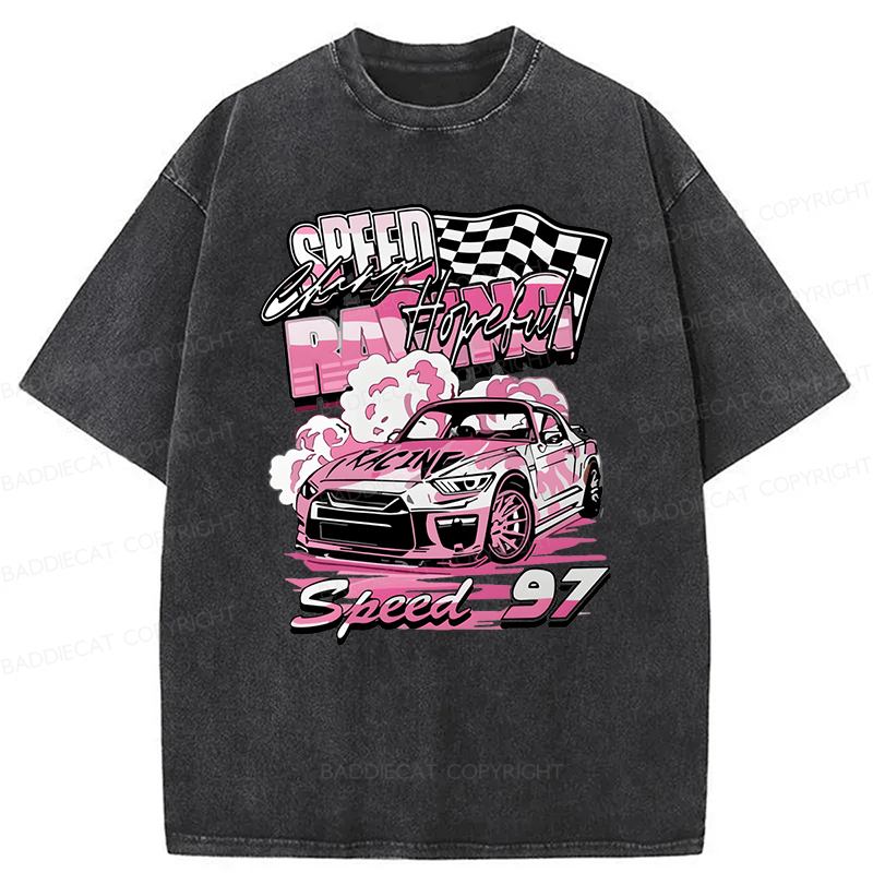 Baddiecat Pink Race Car Speed 97 Washed T-shirt