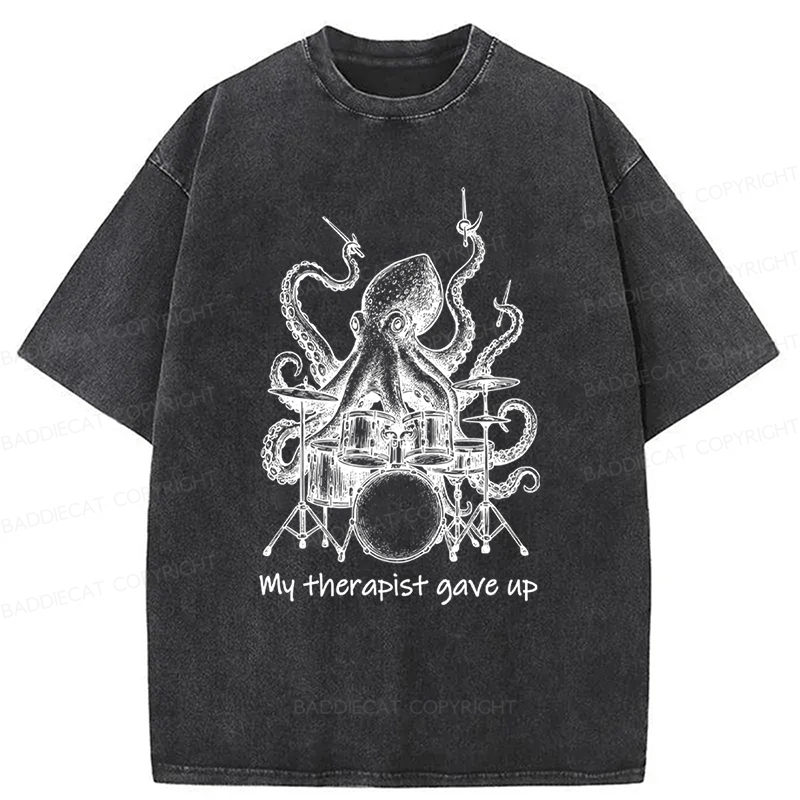 Baddiecat Octopus Playing Drums Washed T-shirt
