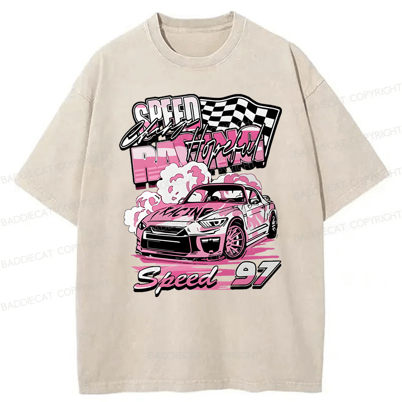 Baddiecat Pink Race Car Speed 97 Washed T-shirt