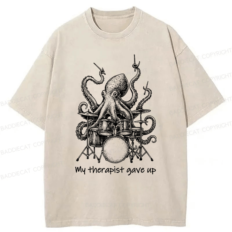 Baddiecat Octopus Playing Drums Washed T-shirt
