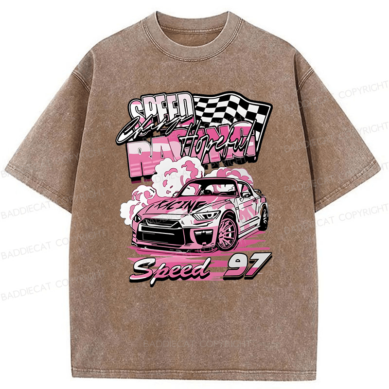 Baddiecat Pink Race Car Speed 97 Washed T-shirt