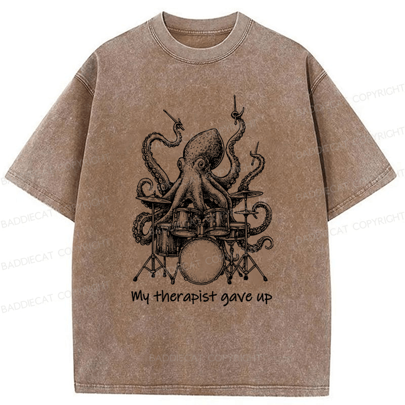 Baddiecat Octopus Playing Drums Washed T-shirt