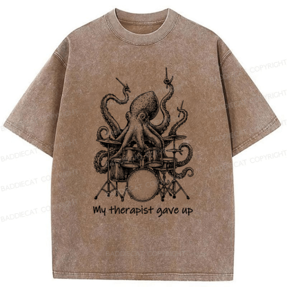 Baddiecat Octopus Playing Drums Washed T-shirt