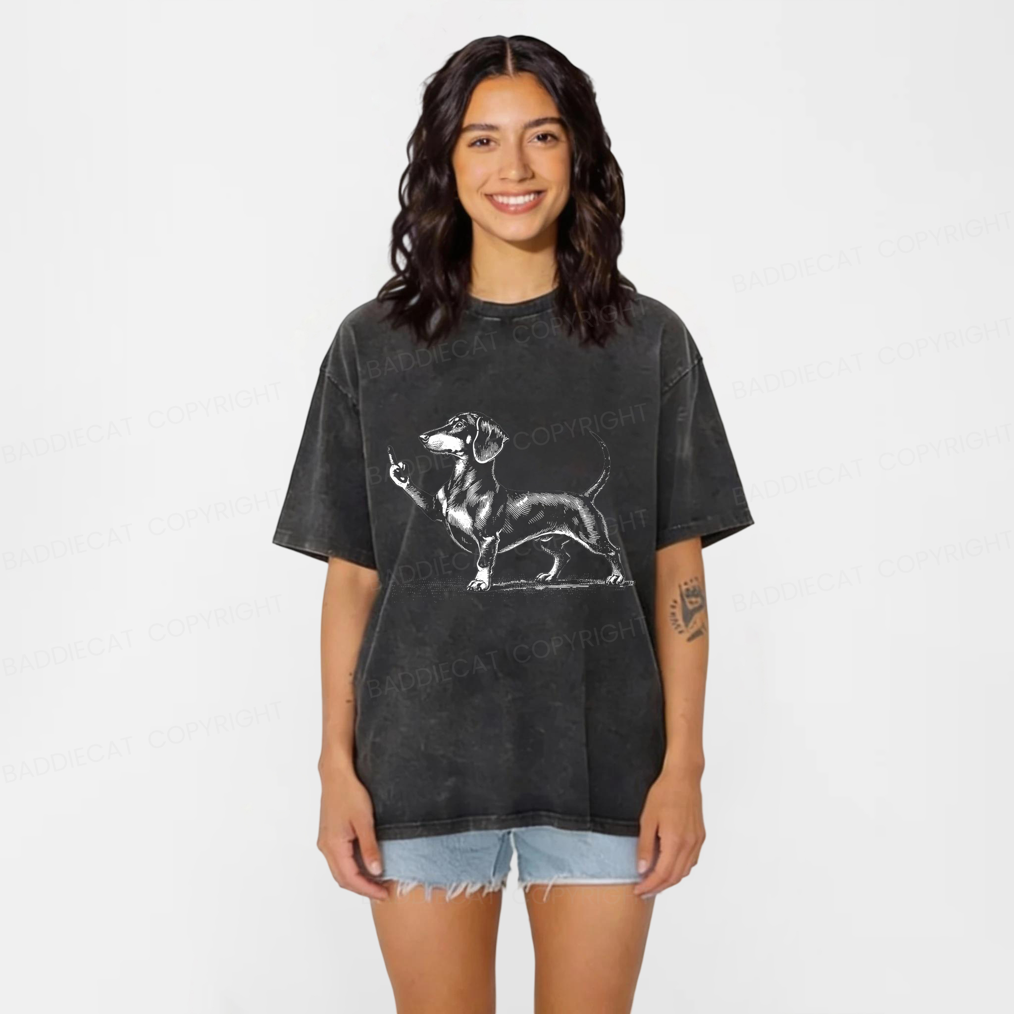 Baddiecat Dachshund Giving The Middle Finger Washed T-shirt