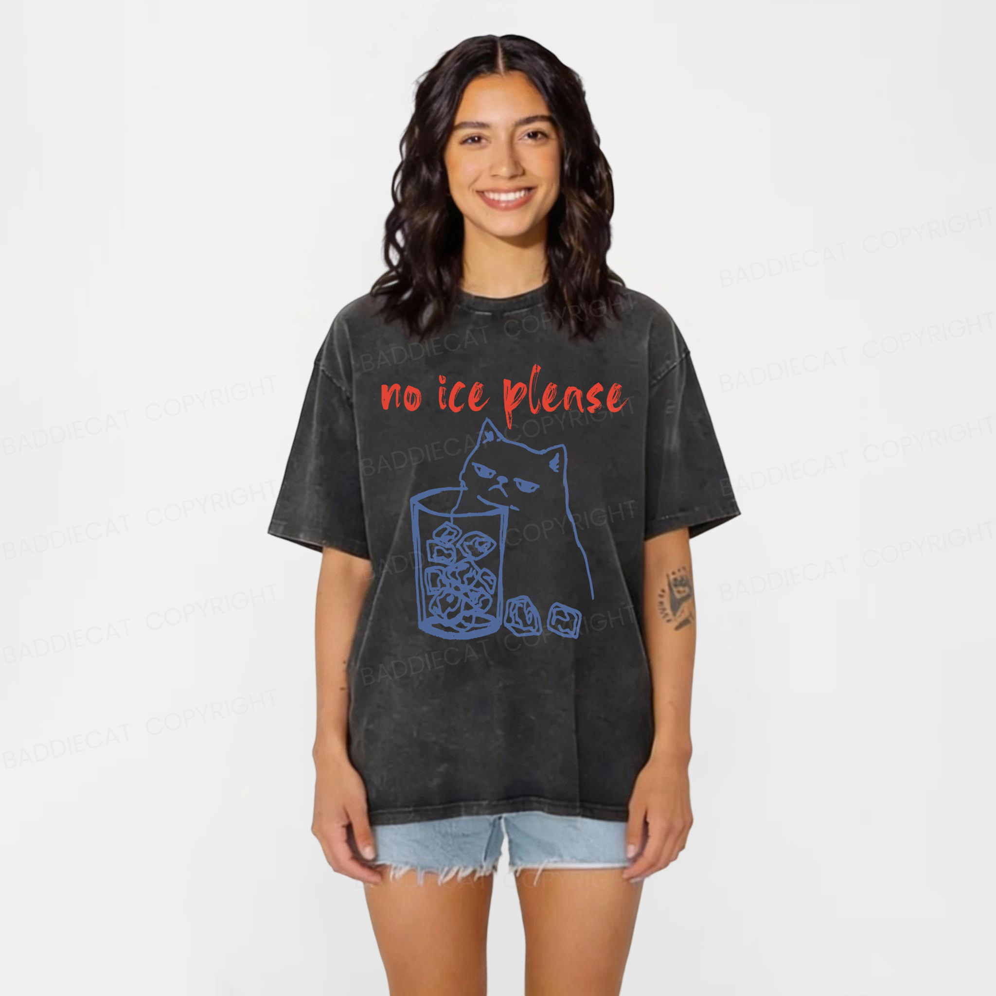Baddiecat No Ice With Cat Washed T-shirt