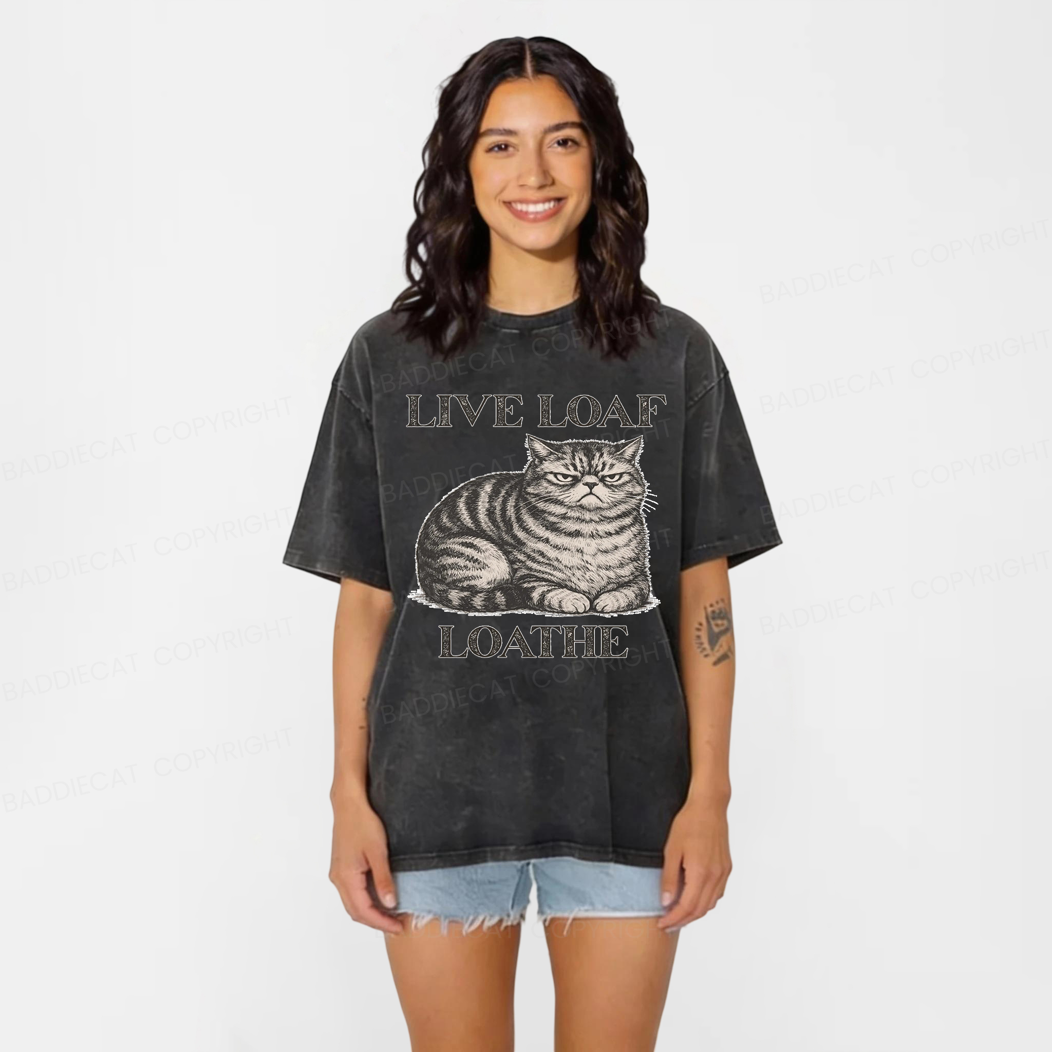 Baddiecat Live Loaf Loathe Cat Washed T-shirt