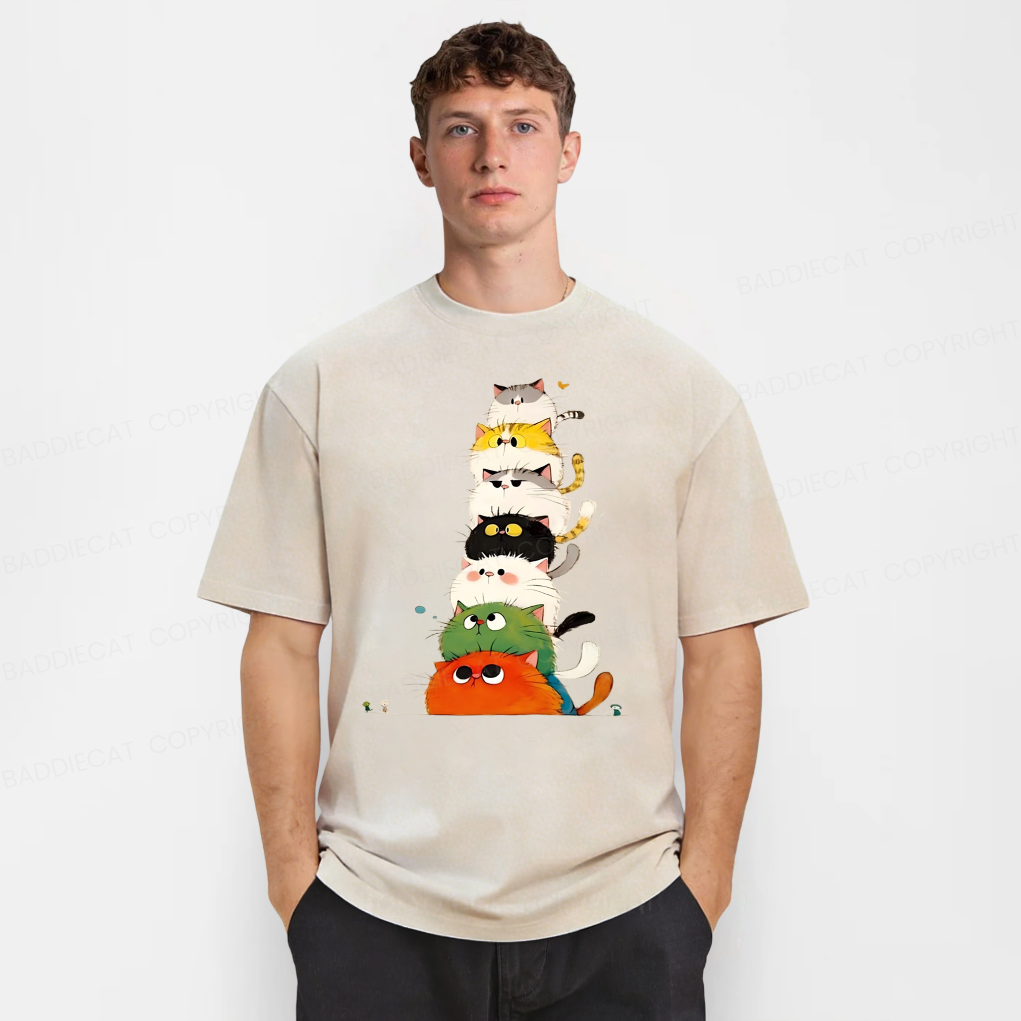 Baddiecat Colorful Cats Stack High Washed T-shirt
