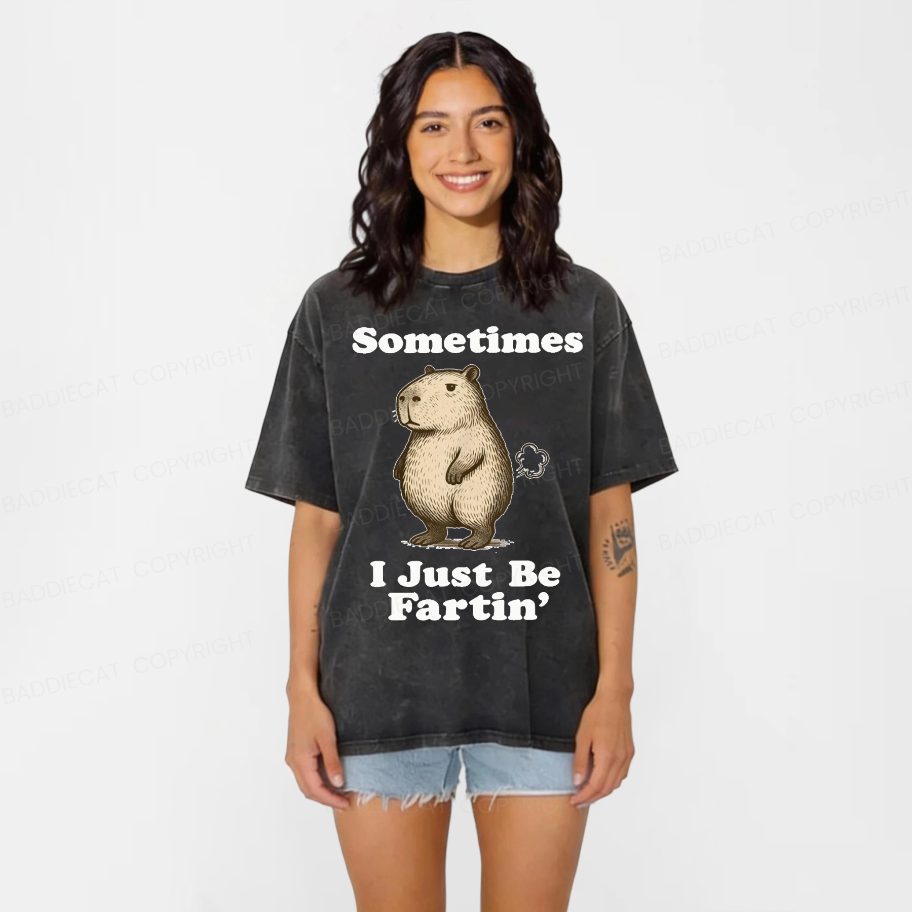 Baddiecat Sometimes I Just Be Fartin' Capibara Washed T-shirt