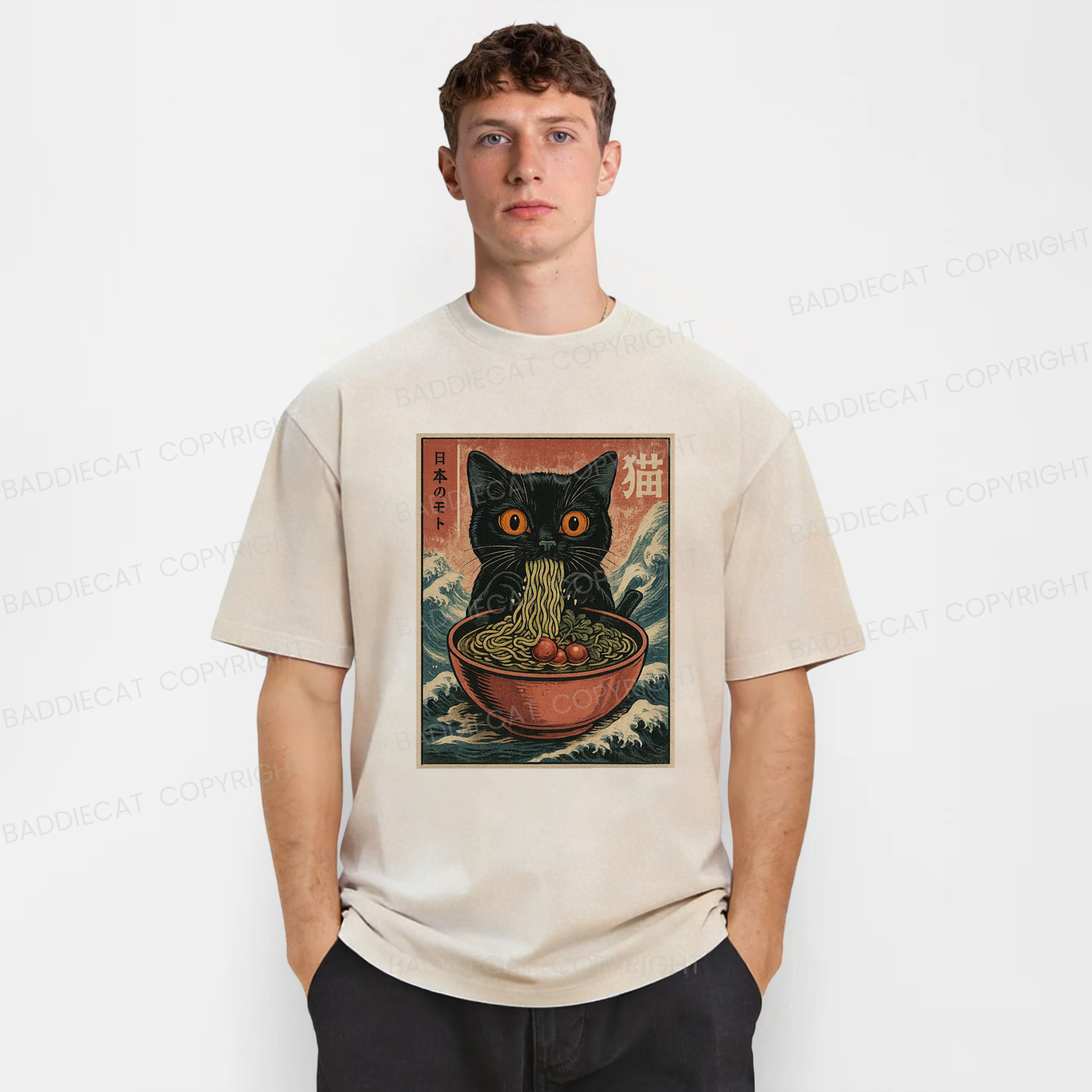 Baddiecat Japanses Cat Eating Ramen Washed T-shirt