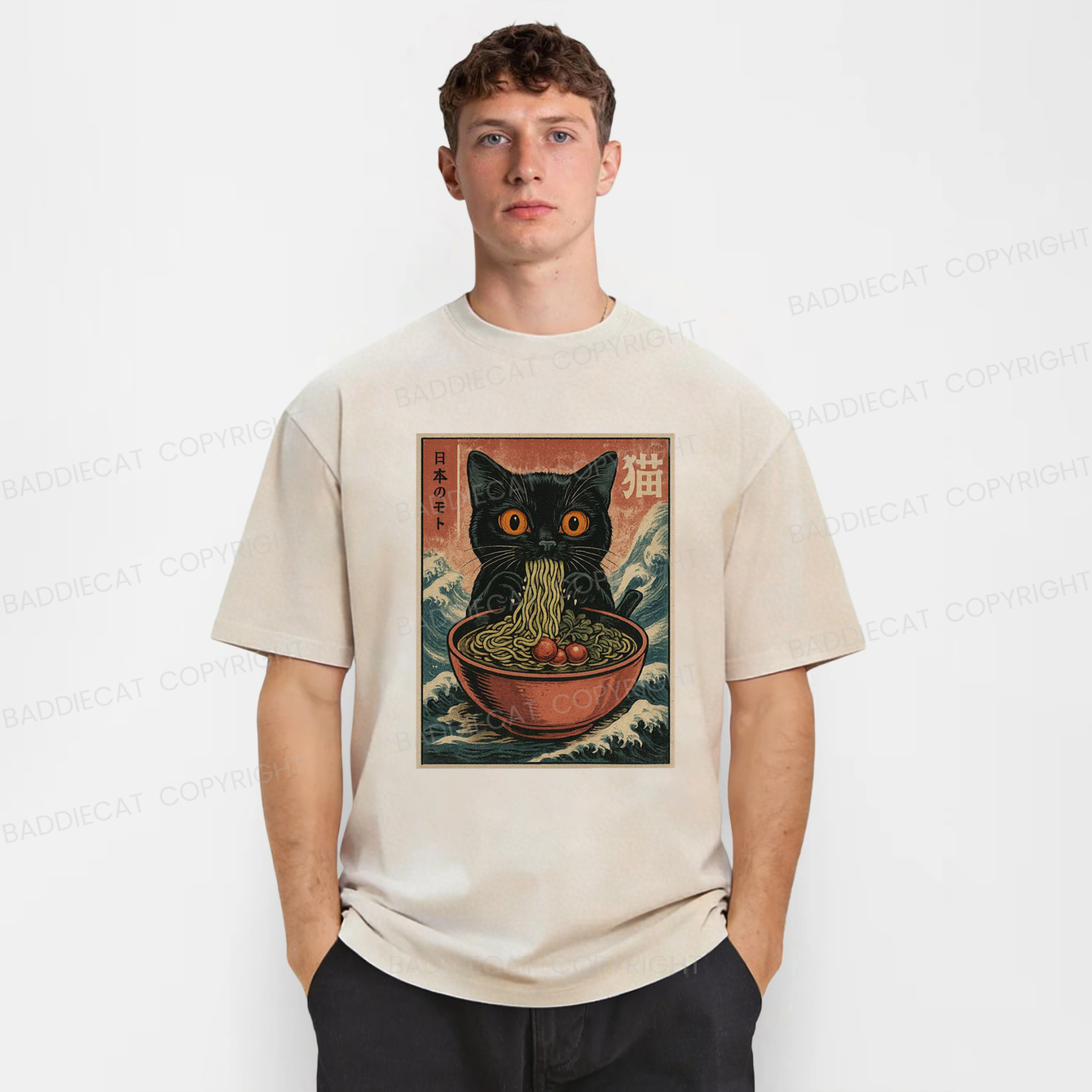 Baddiecat Japanses Cat Eating Ramen Washed T-shirt