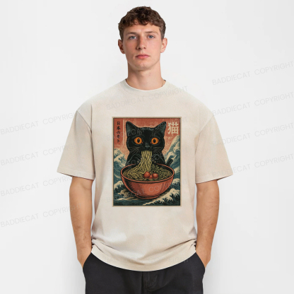 Baddiecat Japanses Cat Eating Ramen Washed T-shirt