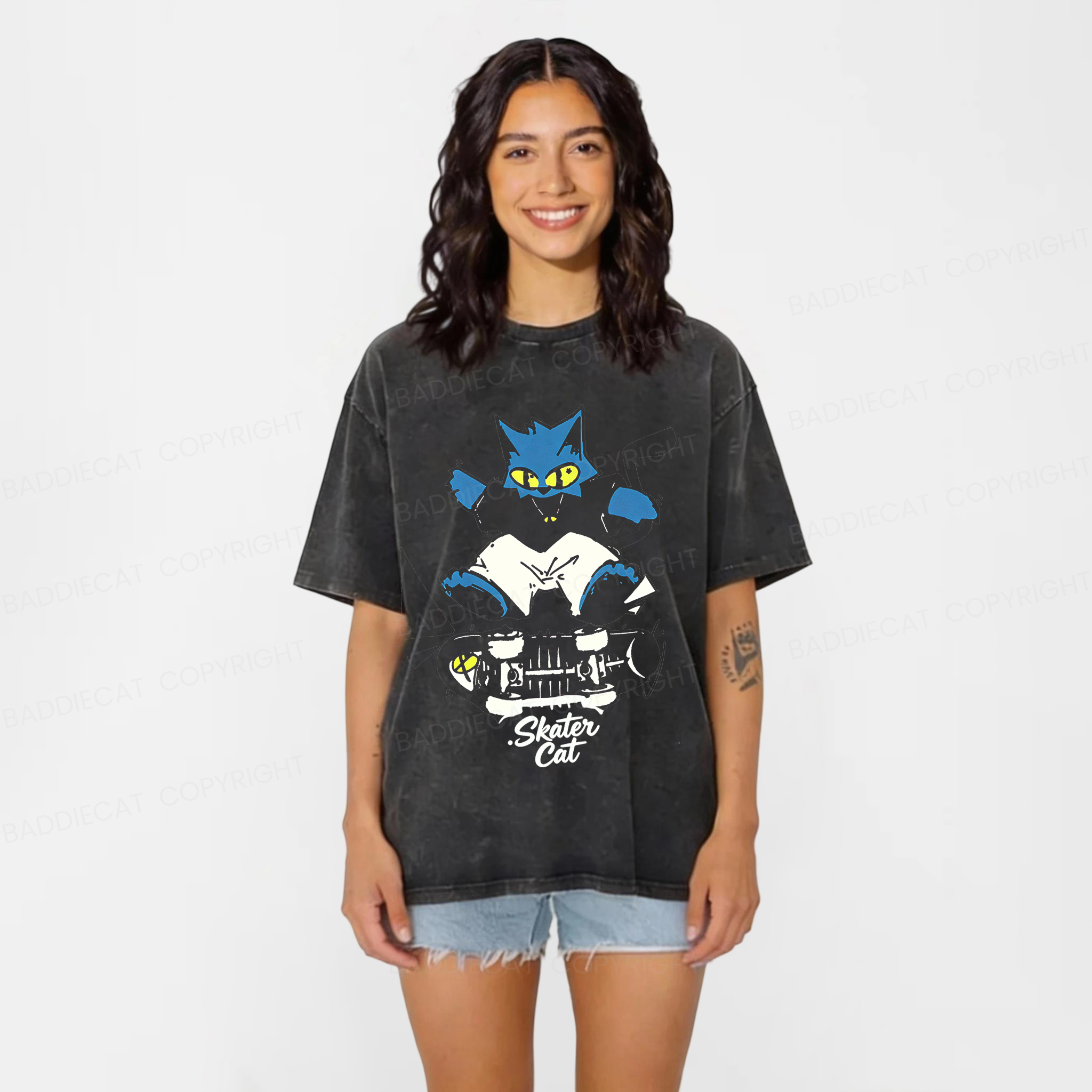 Baddiecat Skater Cat Washed T-shirt