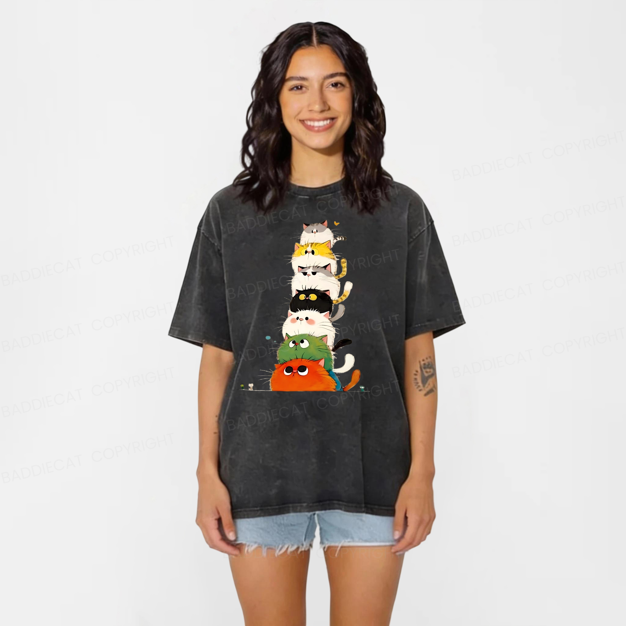 Baddiecat Colorful Cats Stack High Washed T-shirt