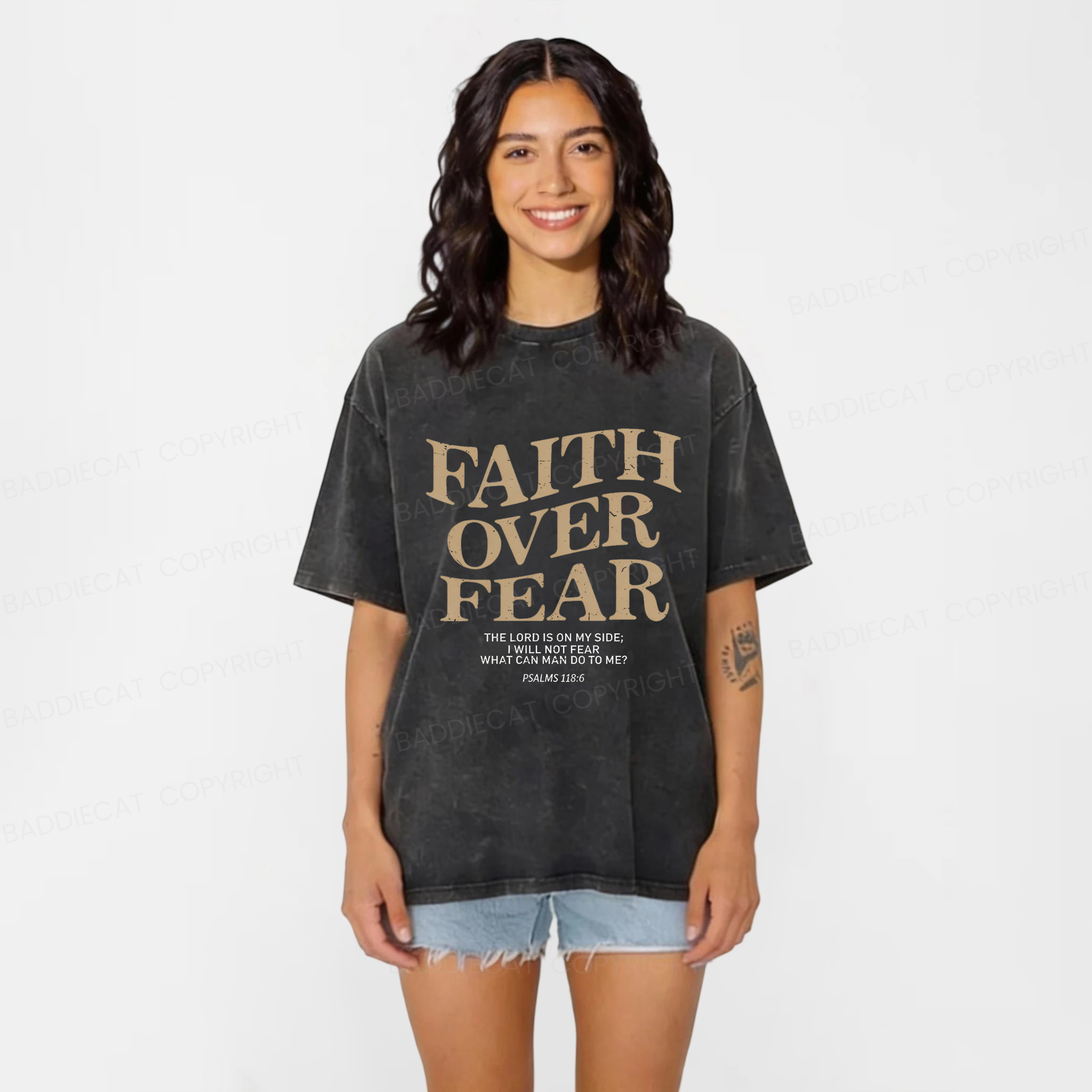 Baddiecat Christian Faith Overcomes Fear Washed T-shirt