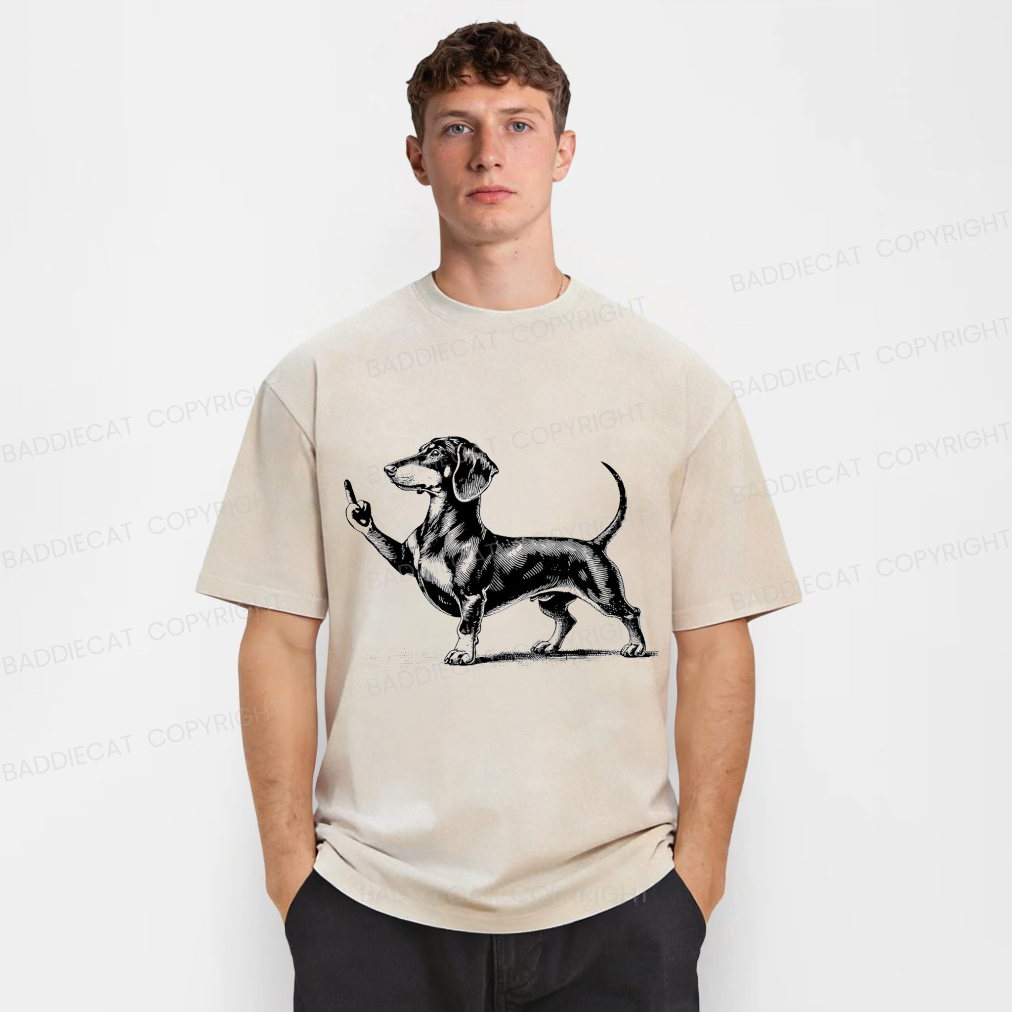 Baddiecat Dachshund Giving The Middle Finger Washed T-shirt
