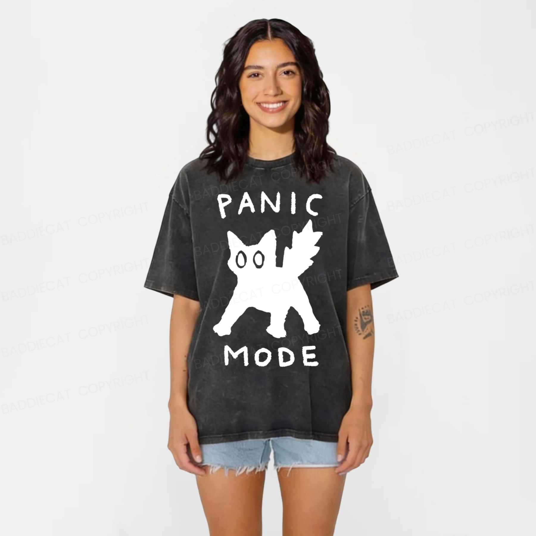 Baddiecat Cat Panic Mode Washed T-shirt