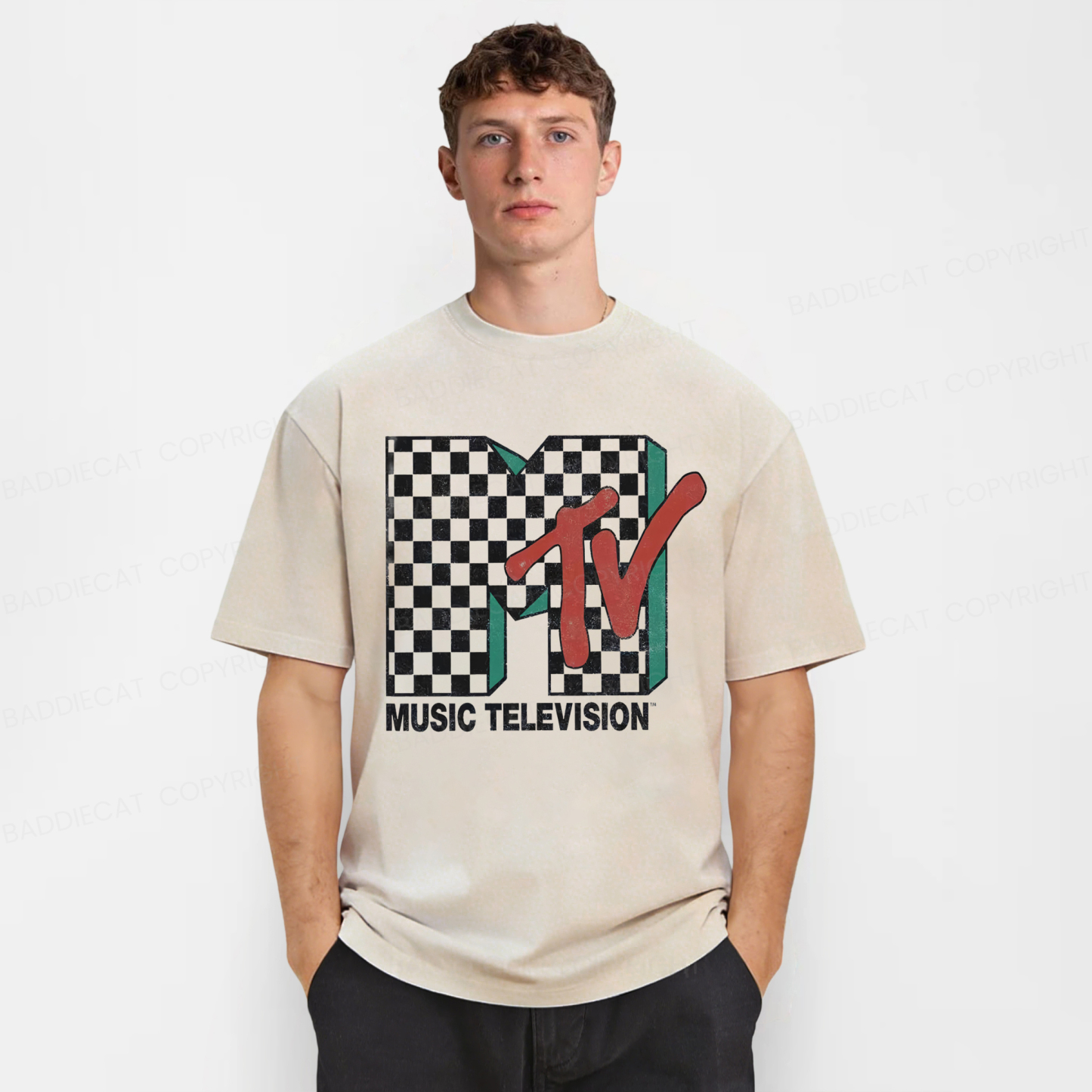 Baddiecat MTV Neon Distressed Checkered Washed T-shirt
