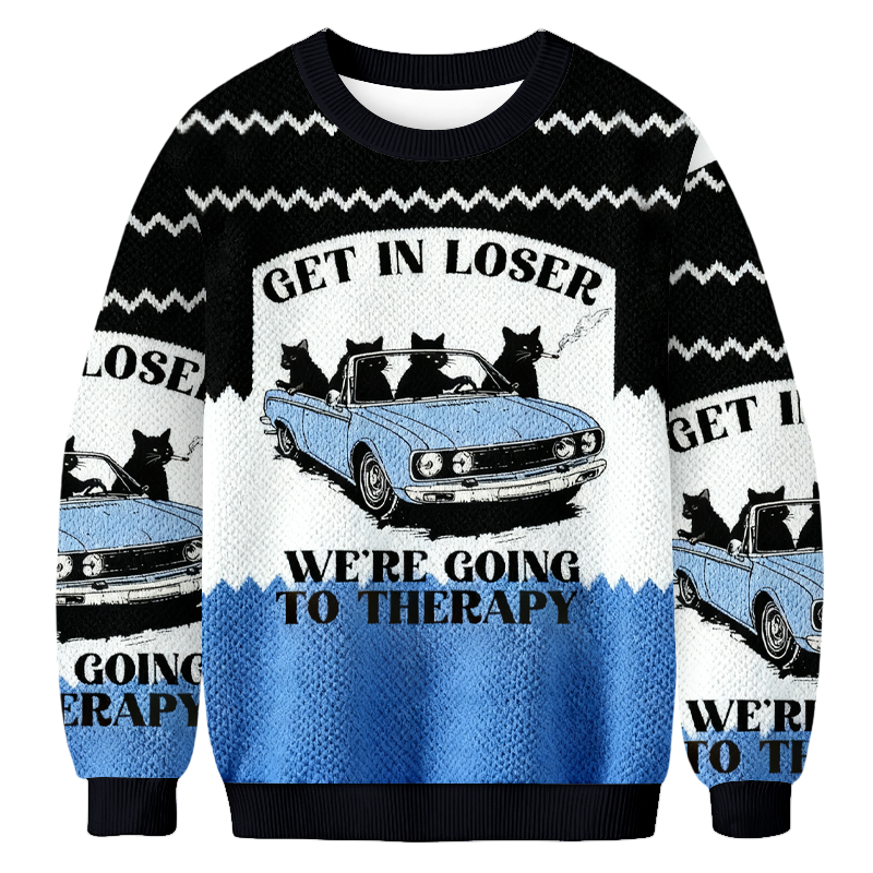 Baddiecat Get In Loser We're Going To Therapy Christmas Ugly Sweatshirt