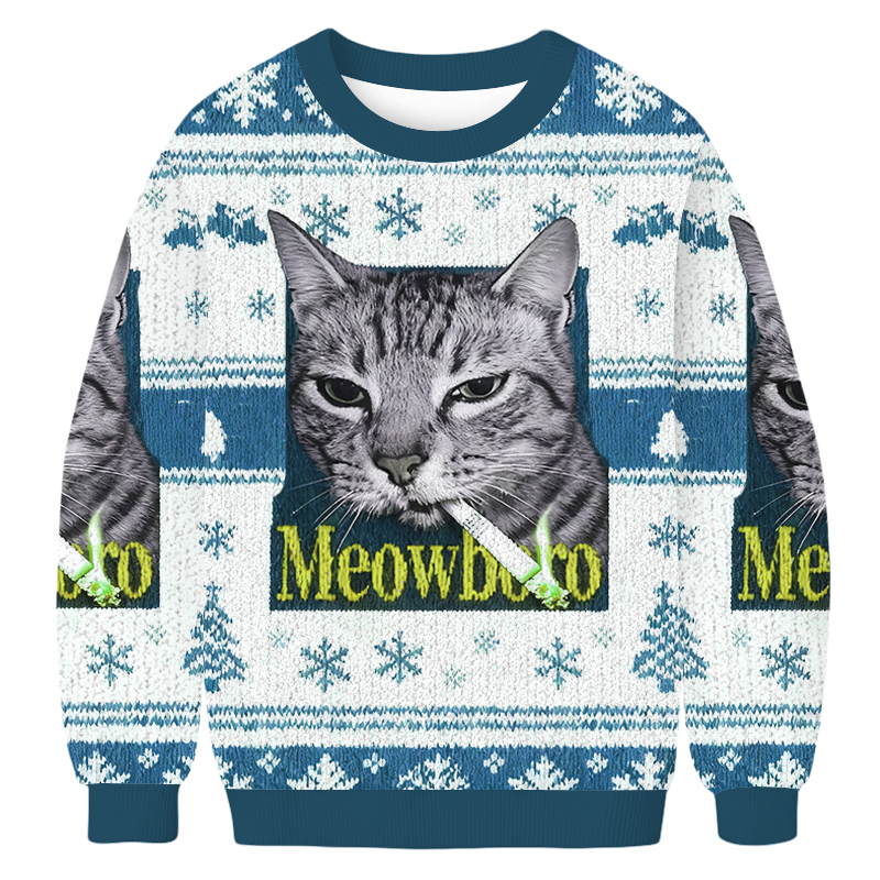 Baddiecat Smoking Meowboro Cat Christmas Ugly Sweatshirt