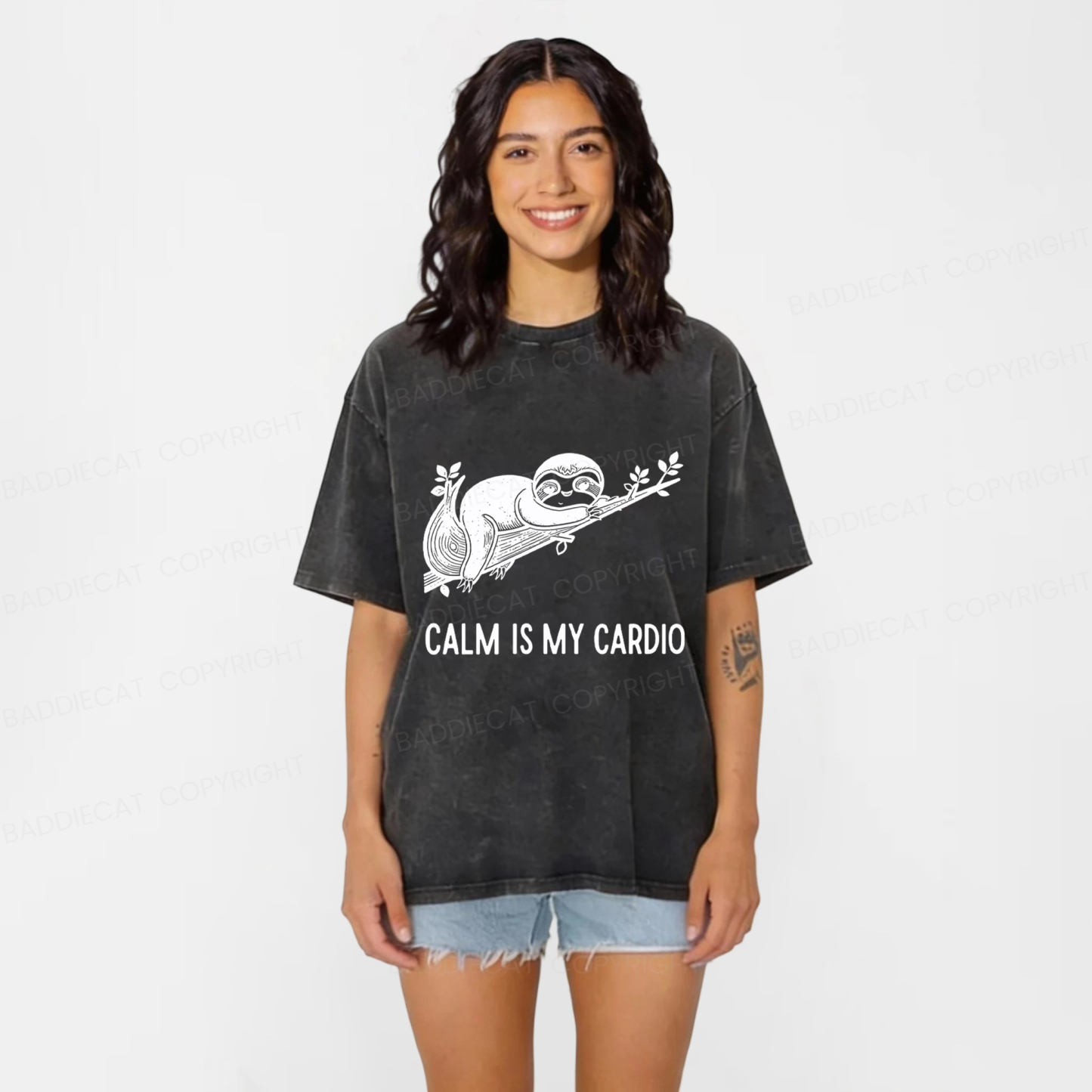 Baddiecat Calm Is My Cardio Sloth Washed T-shirt
