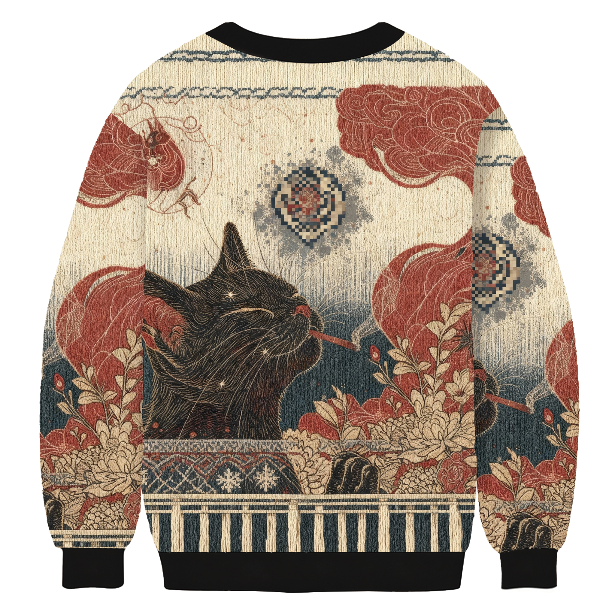 Cool Black Cat Smoking In Artistic Floral Scene Ugly Sweatshirt