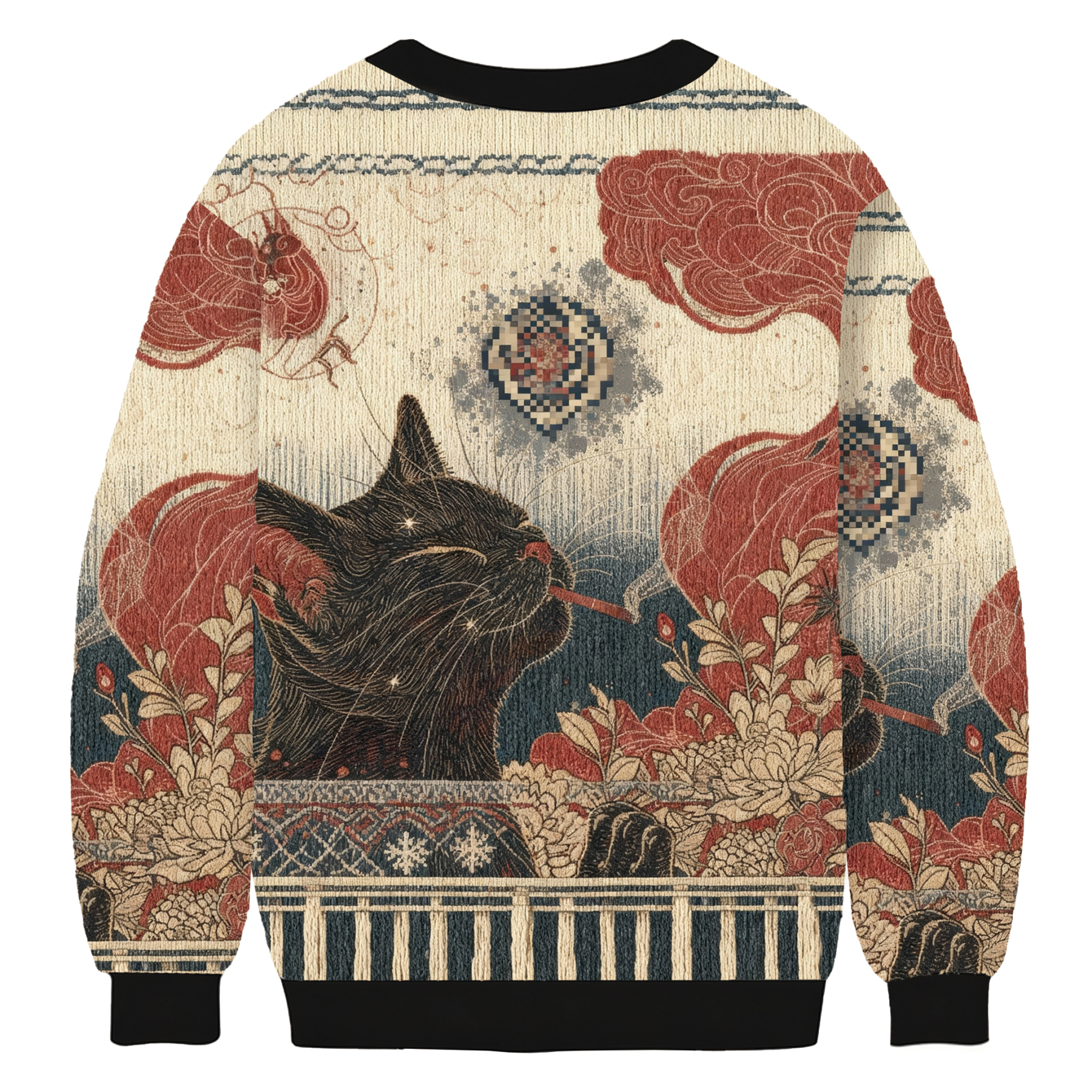 Cool Black Cat Smoking In Artistic Floral Scene Ugly Sweatshirt