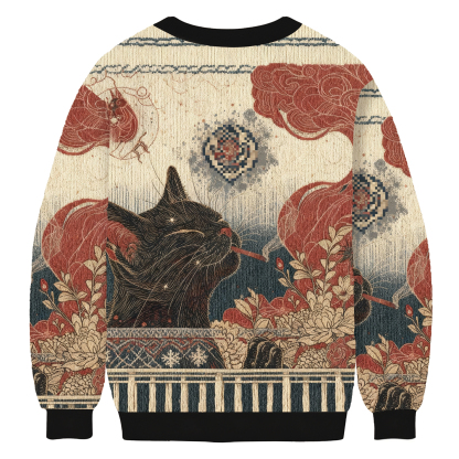 Cool Black Cat Smoking In Artistic Floral Scene Ugly Sweatshirt