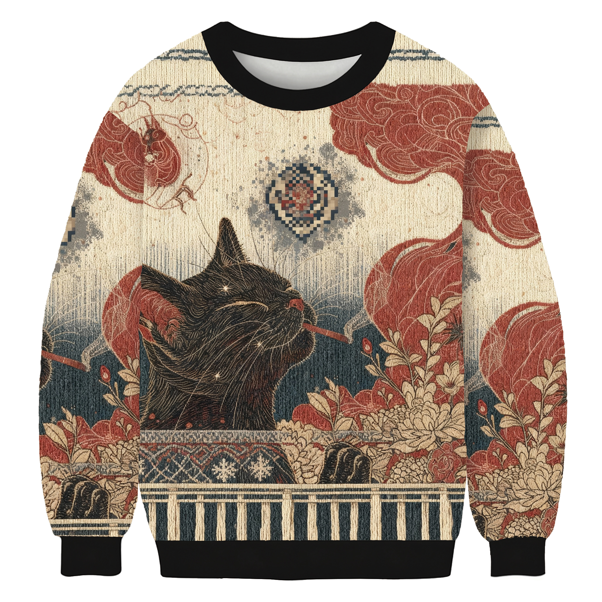 Cool Black Cat Smoking In Artistic Floral Scene Ugly Sweatshirt