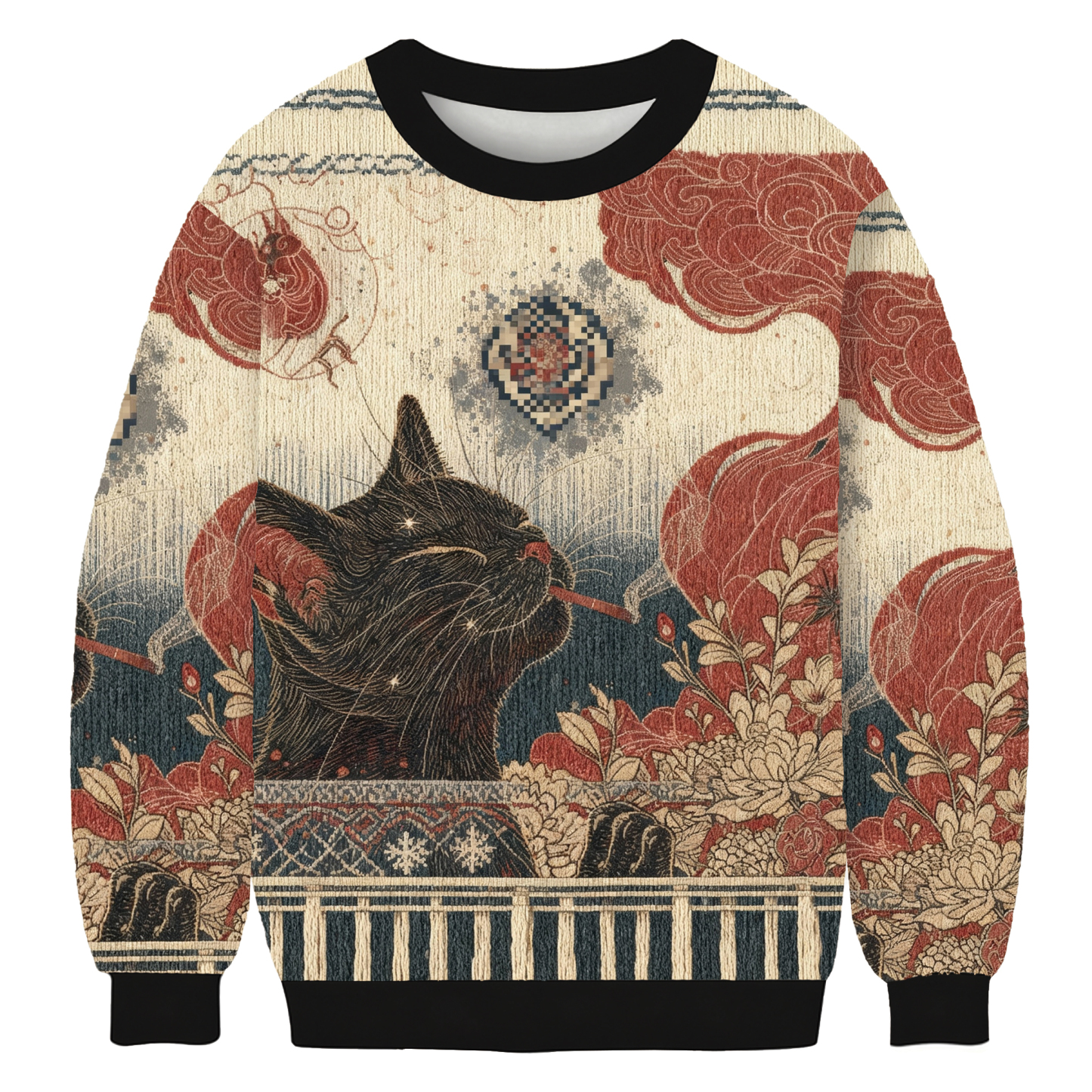 Cool Black Cat Smoking In Artistic Floral Scene Ugly Sweatshirt