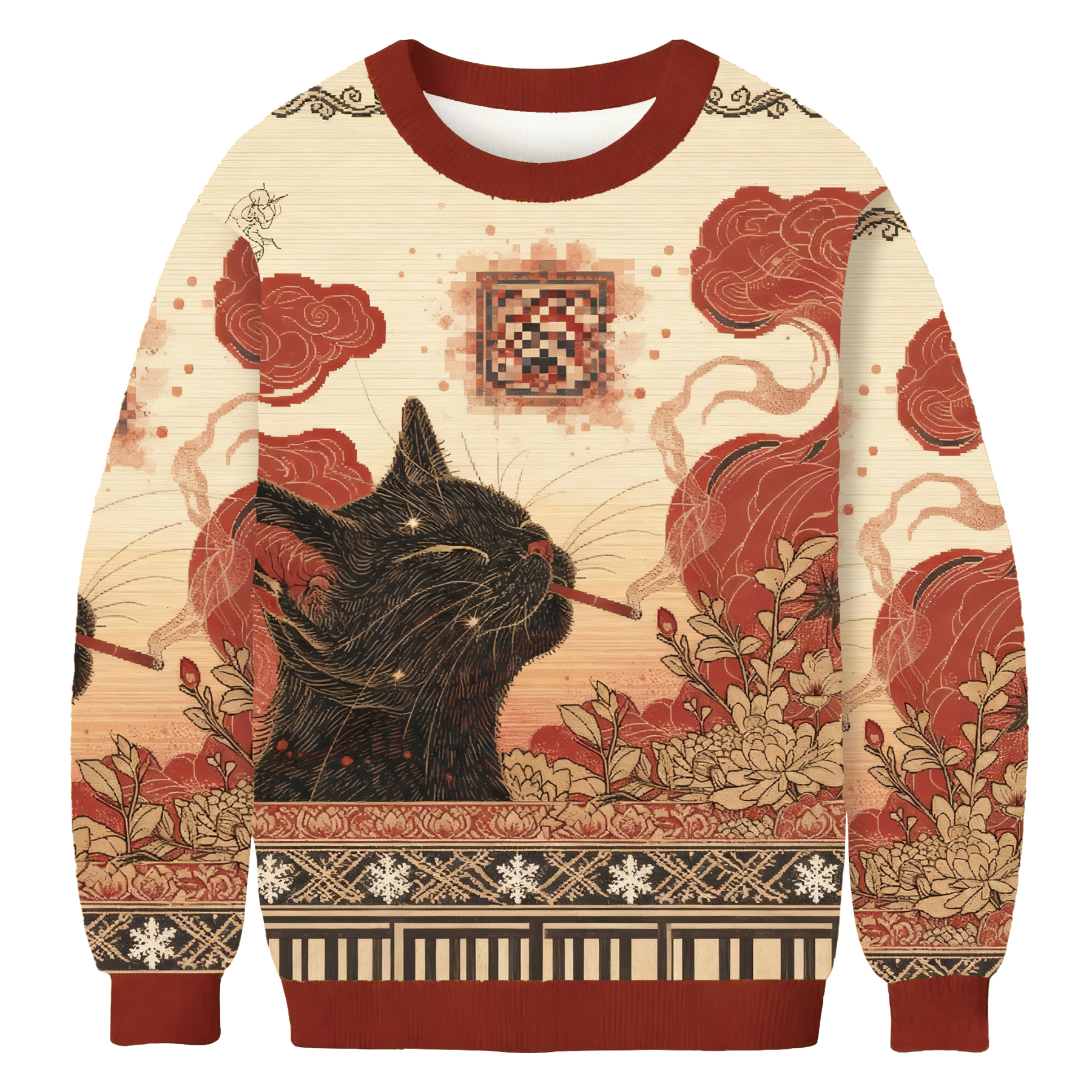 Cool Black Cat Smoking In Artistic Floral Scene Ugly Sweatshirt