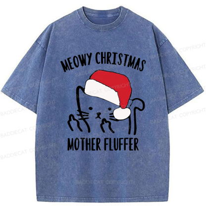 Meowy Christmas Mother Fluffer Washed T-Shirt