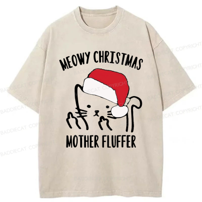 Meowy Christmas Mother Fluffer Washed T-Shirt