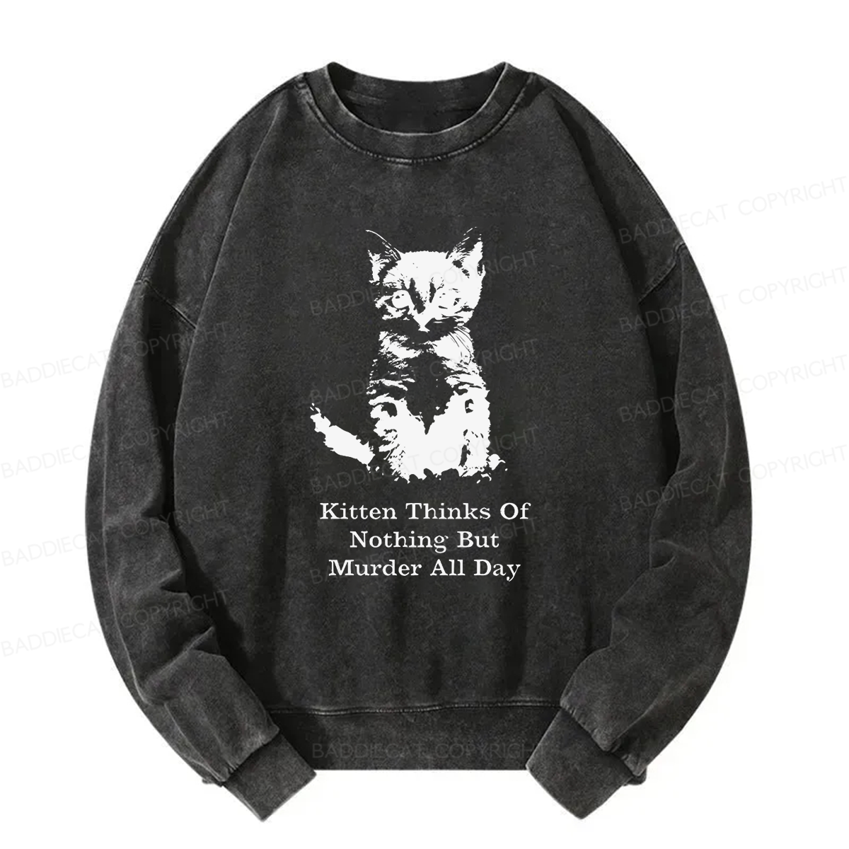 Kitten Thinks Of Nothing But Murder All Day Washed Sweatshirt