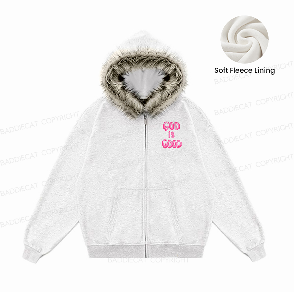Baddiecat God Is Good Faux Fur Collar Fleece Jacket