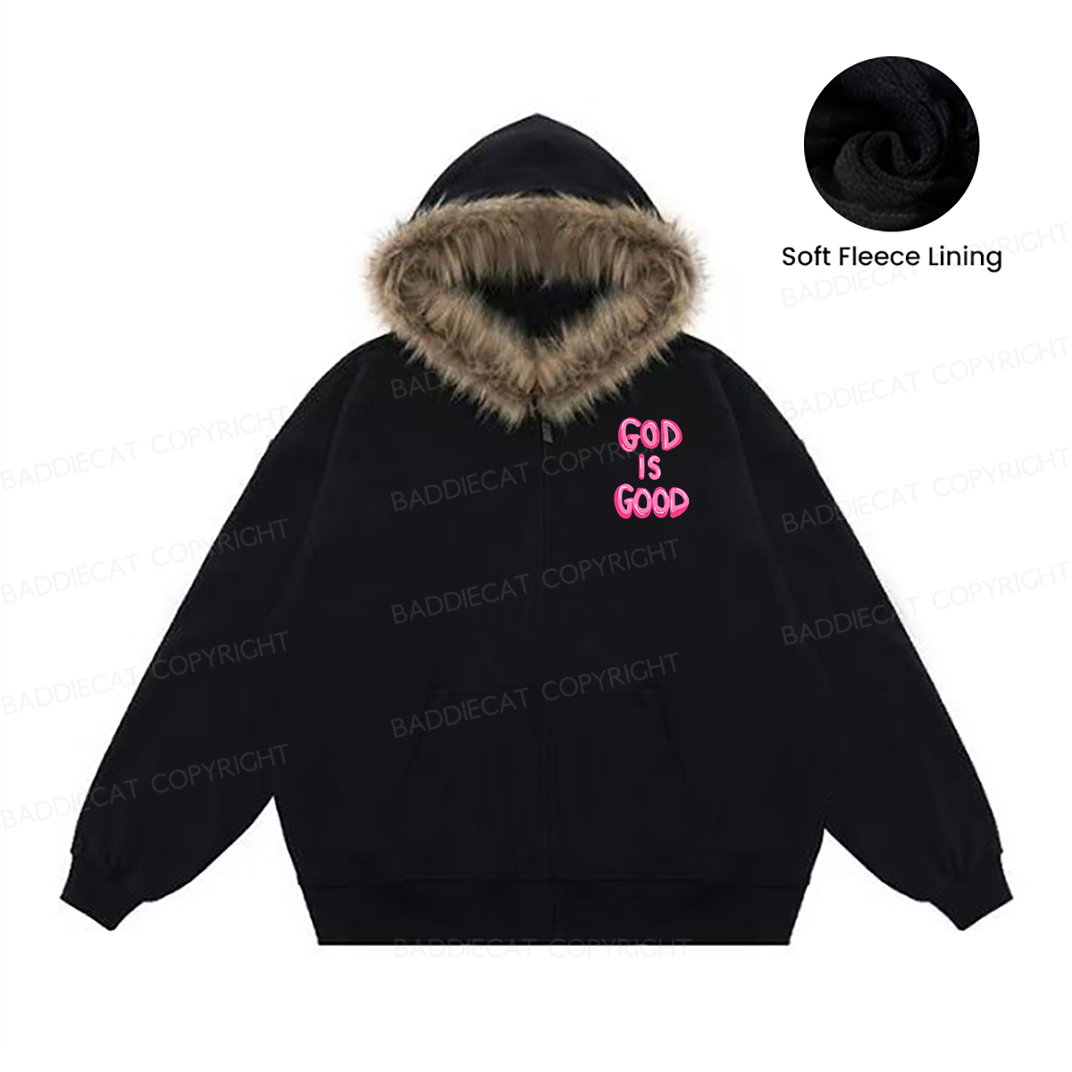 Baddiecat God Is Good Faux-fur–trimmed Hood Fleece Jacket