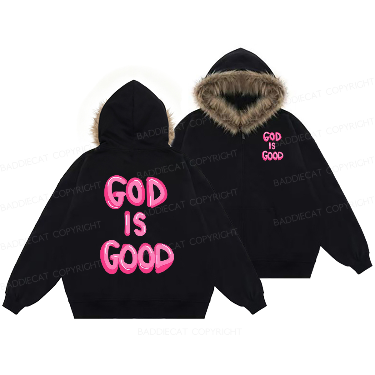 Baddiecat God Is Good Faux Fur Collar Fleece Jacket