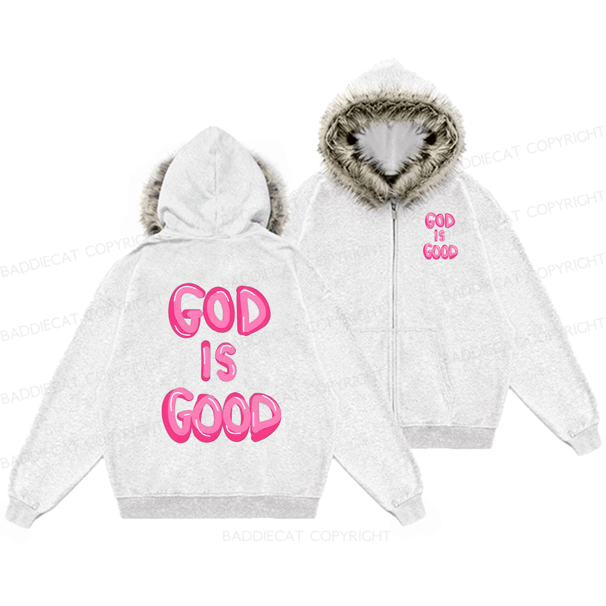 Baddiecat God Is Good Faux Fur Collar Fleece Jacket