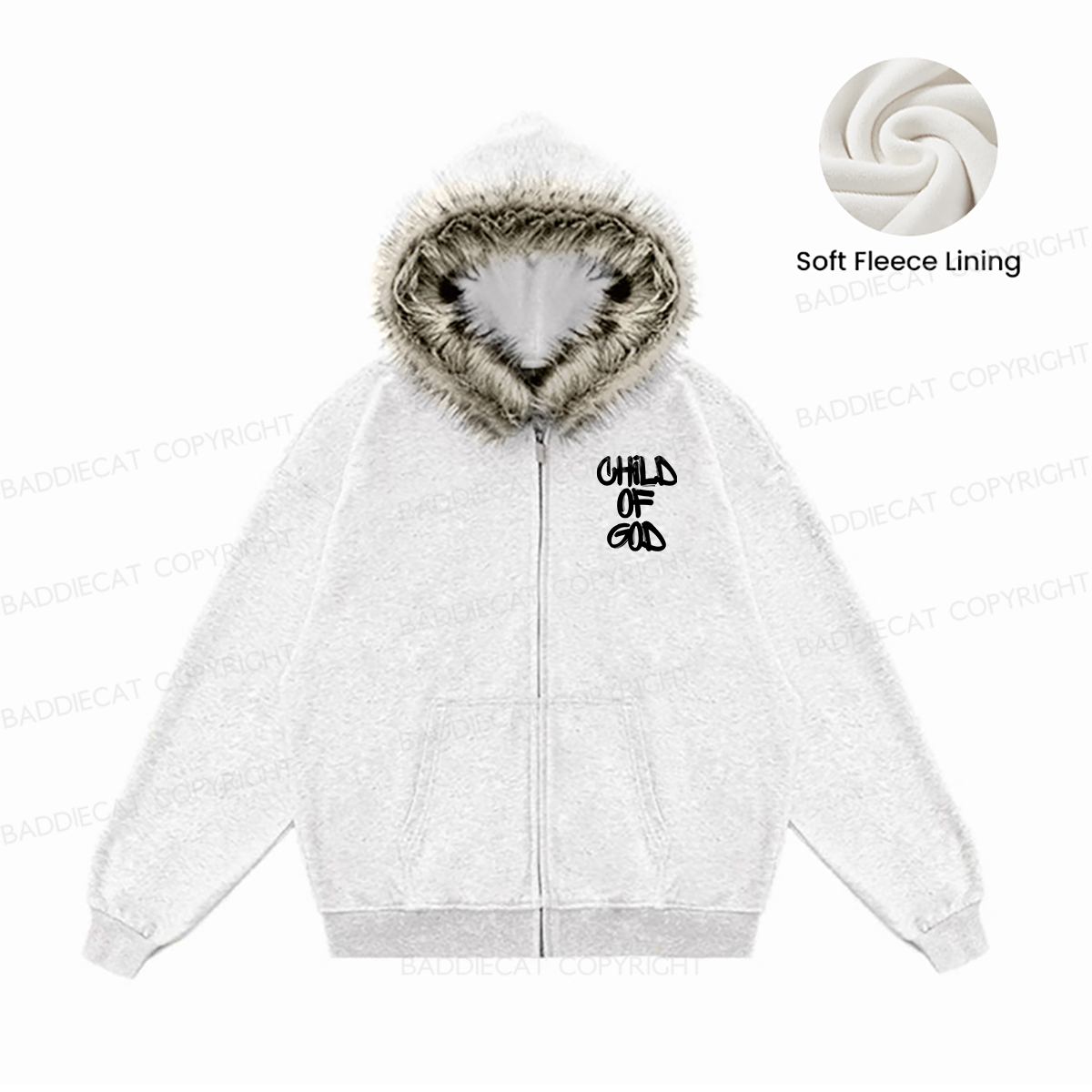 Baddiecat Child Of God Faux Fur Collar Fleece Jacket